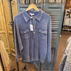 Sewn and Seen Denim Blue Mineral Wash Henley Pullover